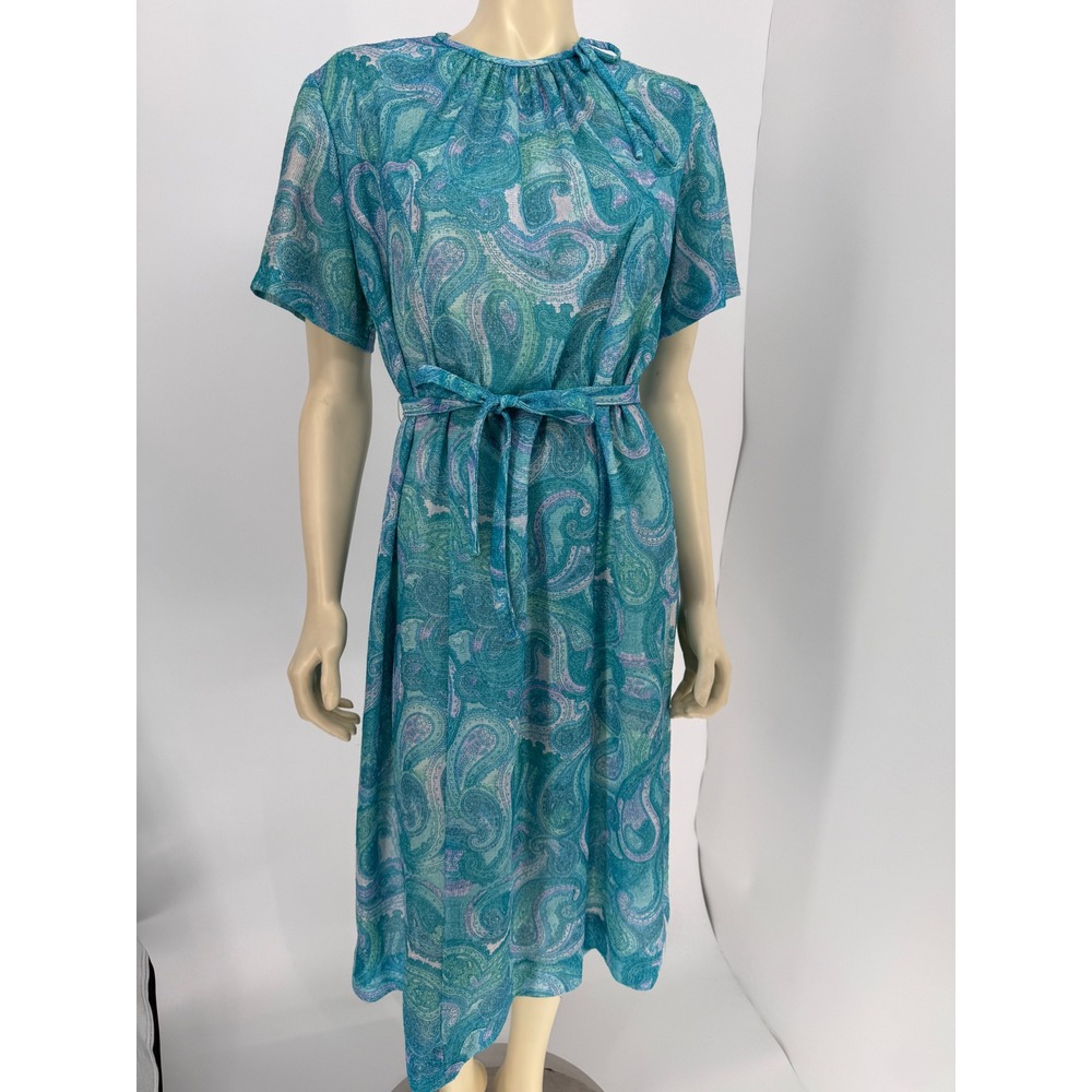 Vintage Nancy‎ II Turquoise Paisley Belted Midi Dress Womens